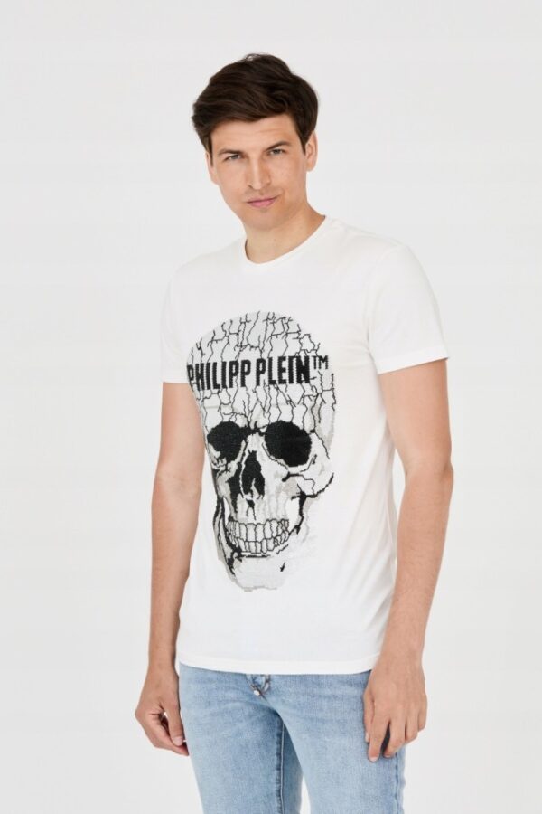PHILIPP PLEIN Męski t-shirt biały z popękaną czaszką