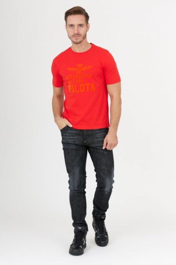 AERONAUTICA MILITARE Pomarańczowy bawełniny t-shirt męski z aksamitnym logo