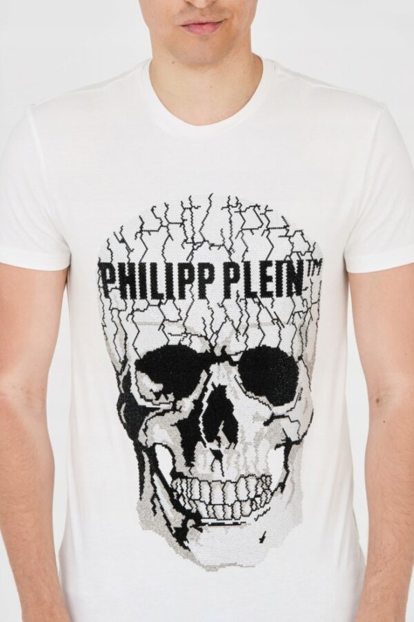 PHILIPP PLEIN Męski t-shirt biały z popękaną czaszką