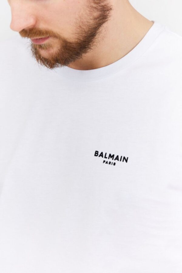 BALMAIN Biały t-shirt męski z małym aksamitnym logo