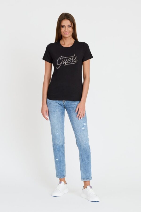 GUESS Czarny damski T-shirt bawełnany STONES&EMBRO TEE