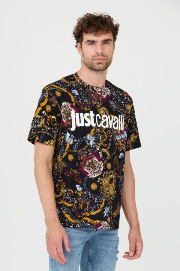 JUST CAVALLI Czarny męski T-shirt R Print Iconic Shields
