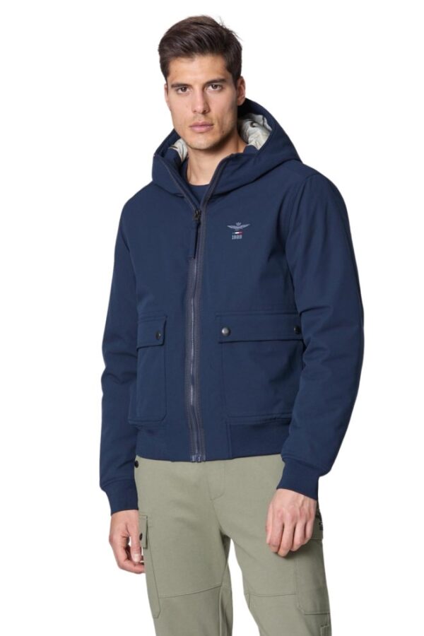 AERONAUTICA MILITARE Granatowa męska kurtka Hooded Jacket In Stretch Fabric, Rozmiar 50