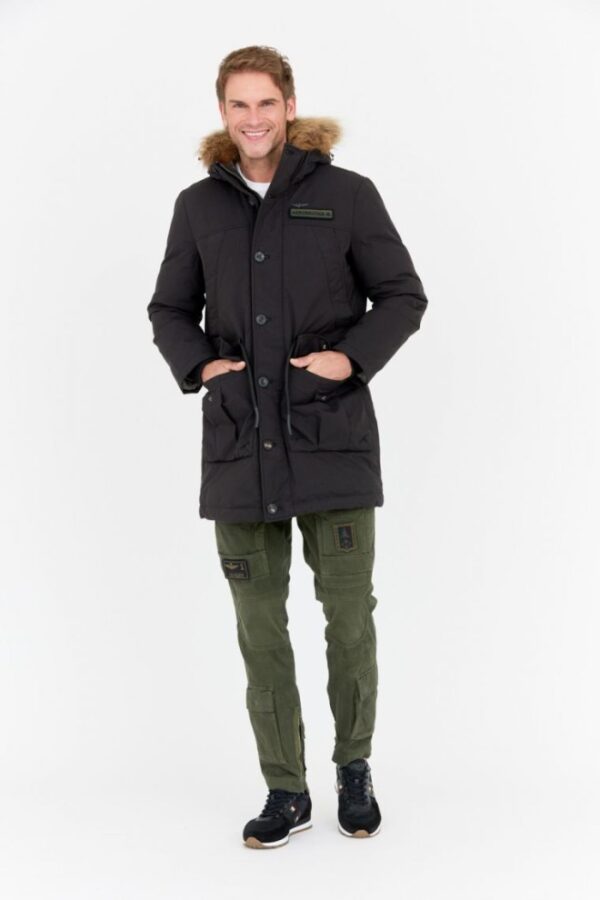 AERONAUTICA MILITARE Czarna parka męska z futrem jenota, Rozmiar 54