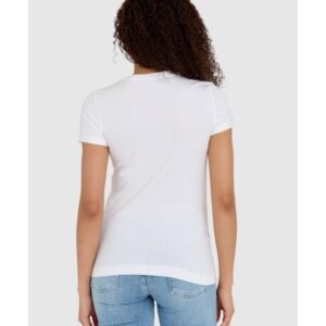 GUESS Biały t-shirt damski z logo z kwiatami i dżetami slim fit