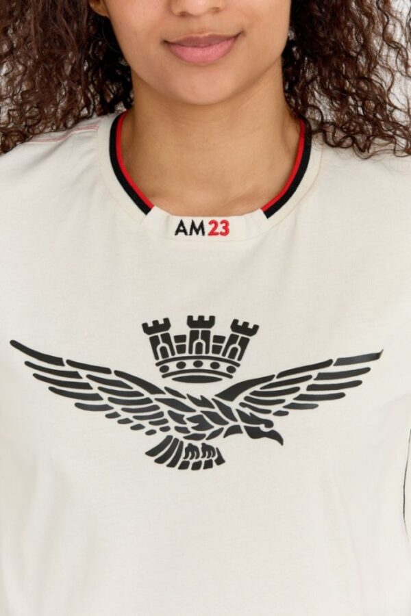 AERONAUTICA MILITARE Kremowy bawełniany luźny t-shirt damski z wypukłym orłem Comfort Fit