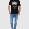 PHILIPP PLEIN Czarny męski t-shirt zdobiony dżetami z czaszką i logo