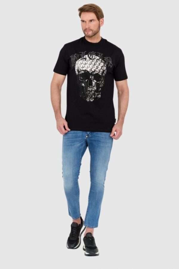 PHILIPP PLEIN Czarny męski t-shirt zdobiony dżetami z czaszką i logo