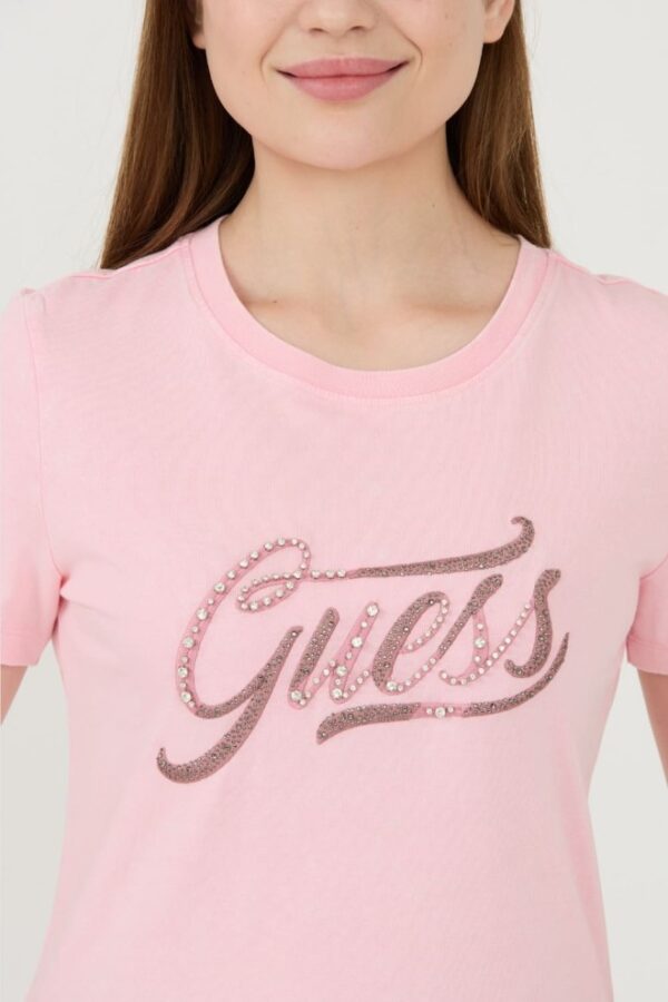 GUESS Różowy damski t-shirt bawełniany Stones&embro Tee