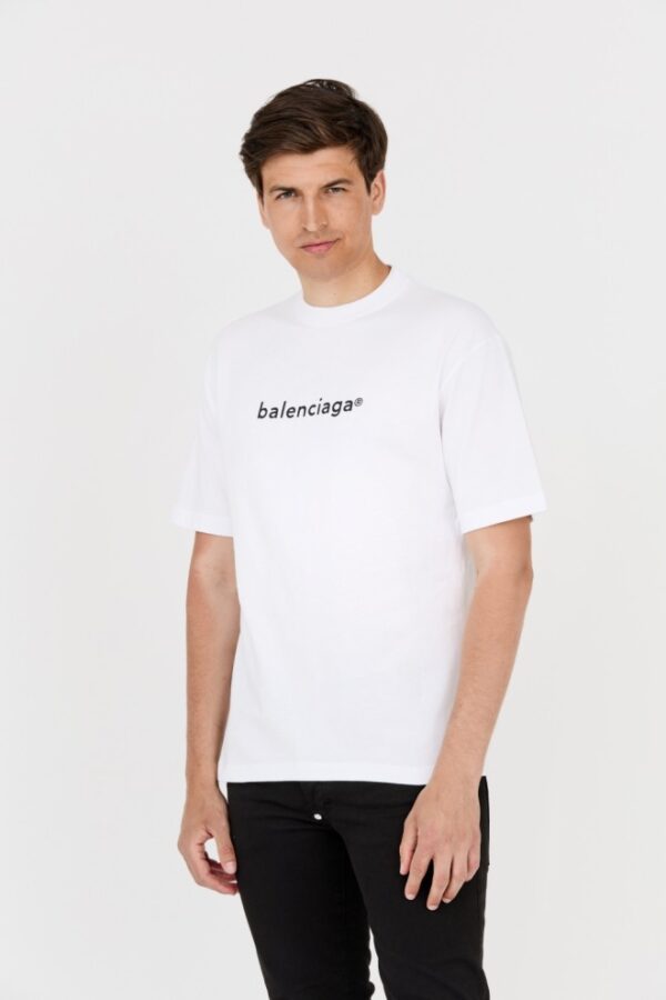 BALENCIAGA Męski biały t-shirt z czarnym logo