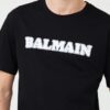 BALMAIN Czarny męski t-shirt z białym logo Retro Balmain Flock