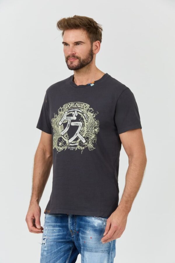 GUESS Szary męski t-shirt bawełniany Japanese Ideog