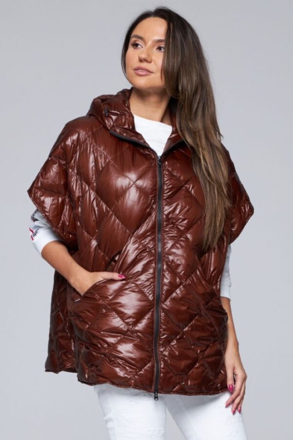 HETREGO Brązowy damski puchowy bezrękawnik Ginger z kapturem
