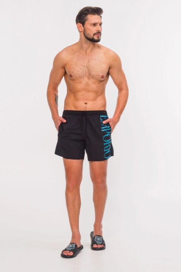 e897008244e7519c96827afd0ae278c7b4c52412 EMPORIO ARMANI Czarne męskie szorty kąpielowe z turkusowym logo, Rozmiar 50