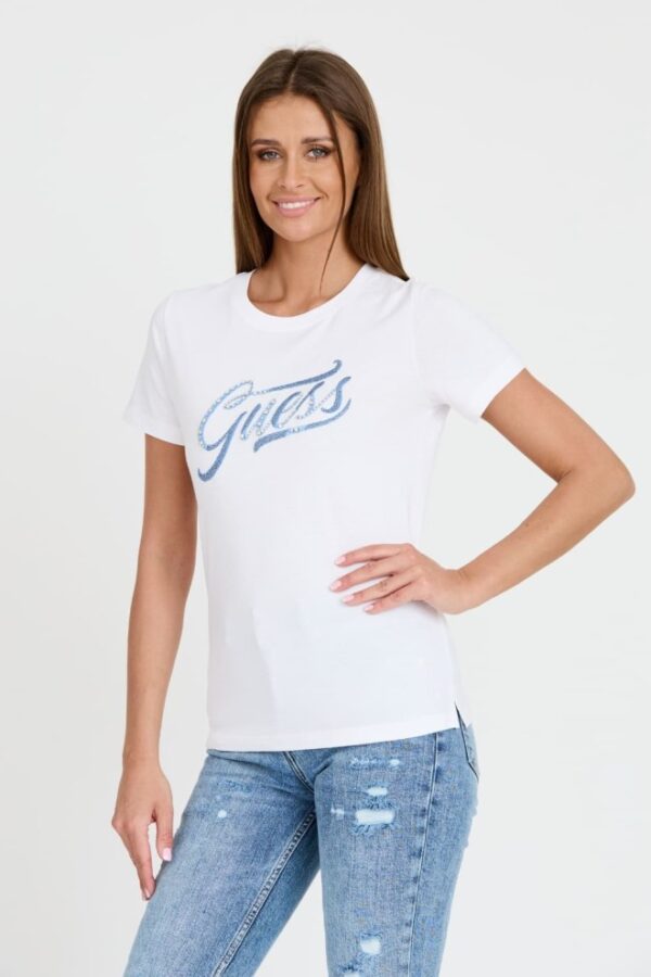 GUESS Biały damski T-shirt bawełniany STONES&EMBRO TEE