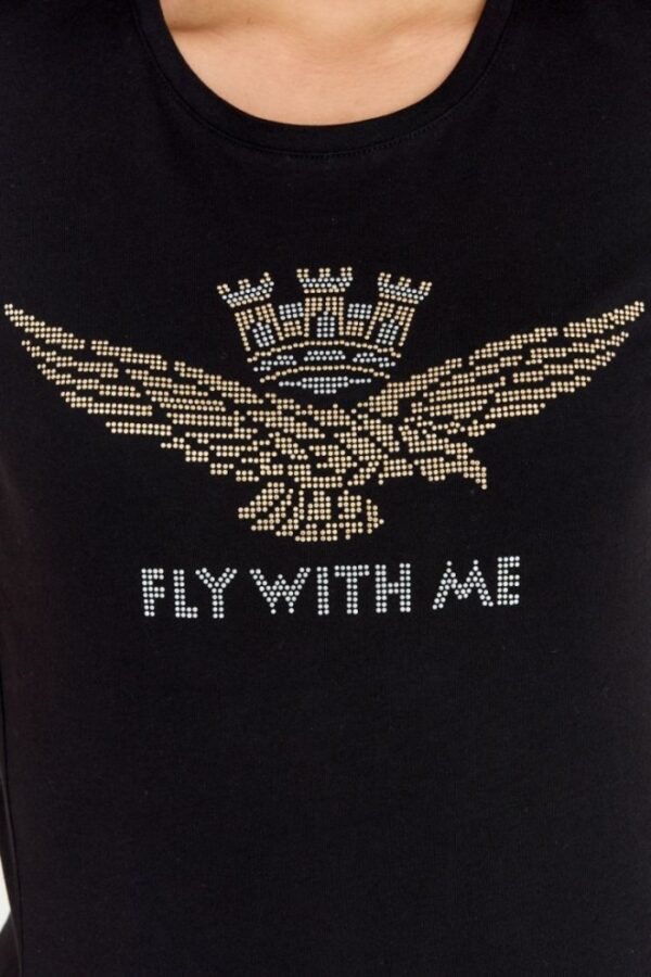 AERONAUTICA MILITARE Czarny bawełniany t-shirt damski z orłem wykonanym z dżetów
