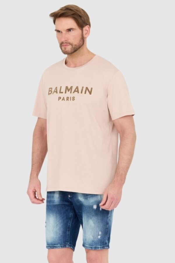 BALMAIN Beżowy męski t-shirt z aksamitnym logo flock and foil, Rozmiar 2