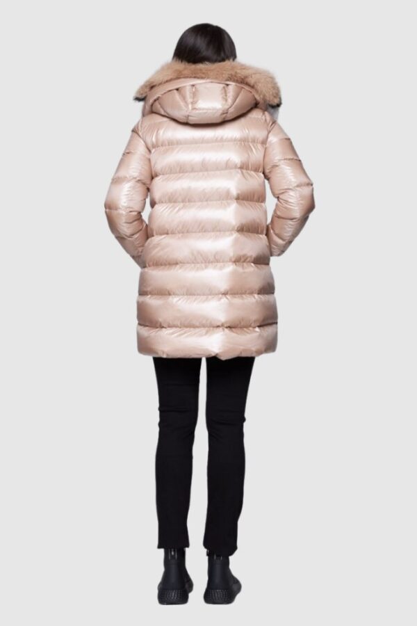 HETREGO Beżowa damska długa kurtka puchowa Hygiea z lisem, Rozmiar 38 EU - 42 IT