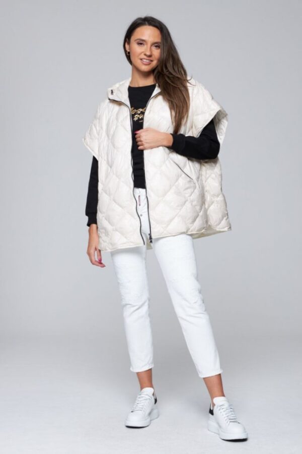 HETREGO Kremowy damski puchowy bezrękawnik Ginger z kapturem