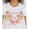 GUESS Biały t-shirt damski z logo z kwiatami i dżetami slim fit