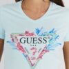 GUESS Błękitny t-shirt damski z logo z liśćmi i cyrkoniami