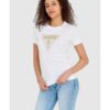 GUESS Biały t-shirt damski ze złotym haftowanym cyrkoniami logotypem slim fit