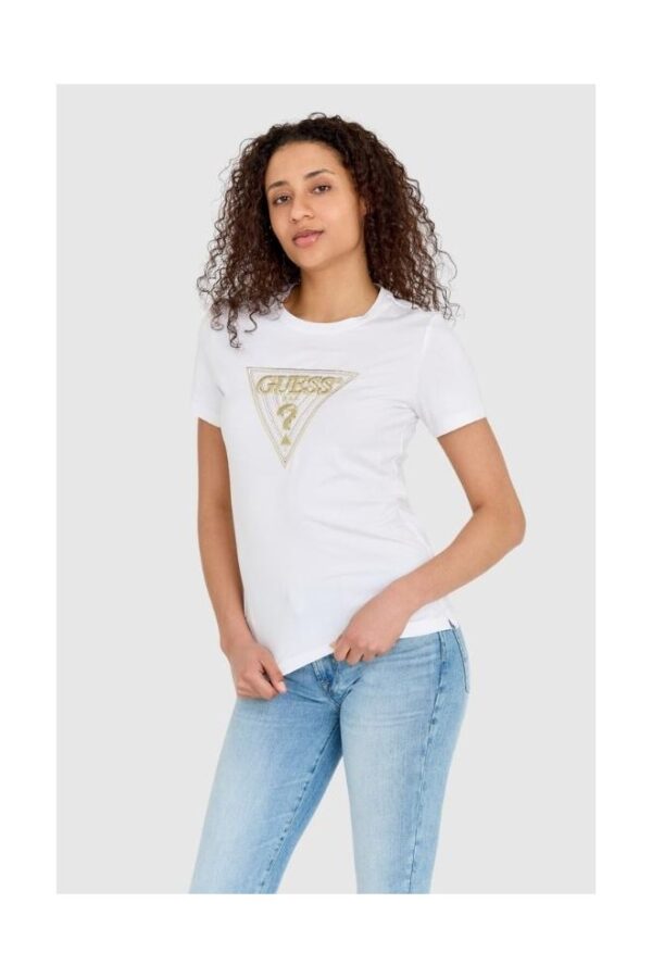 GUESS Biały t-shirt damski ze złotym haftowanym cyrkoniami logotypem slim fit