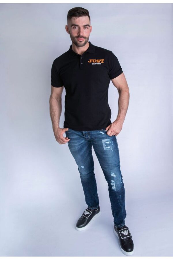 JUST CAVALLI Koszulka polo męska, czarna złoto srebrne logo