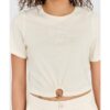 GUESS Kremowy t-shirt damski cropped fit piercing