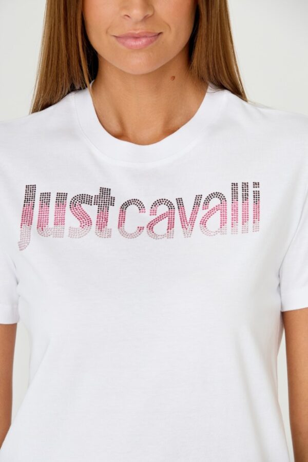 JUST CAVALLI Biały damski t-shirt R LOGO CRYSTAL