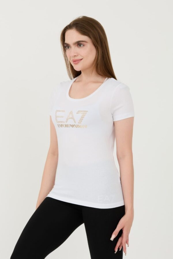 EA7 Biały damski t-shirt z cyrkoniami