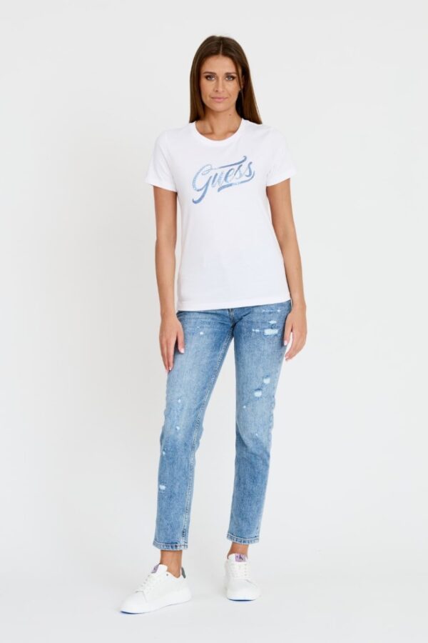 GUESS Biały damski T-shirt bawełniany STONES&EMBRO TEE